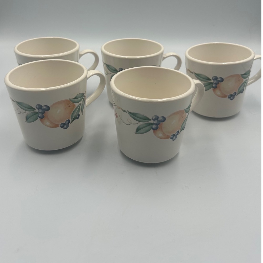 CorningWare Abundance Coffee Mugs Set of 5 Fruit Peach Berry Stoneware USA Made